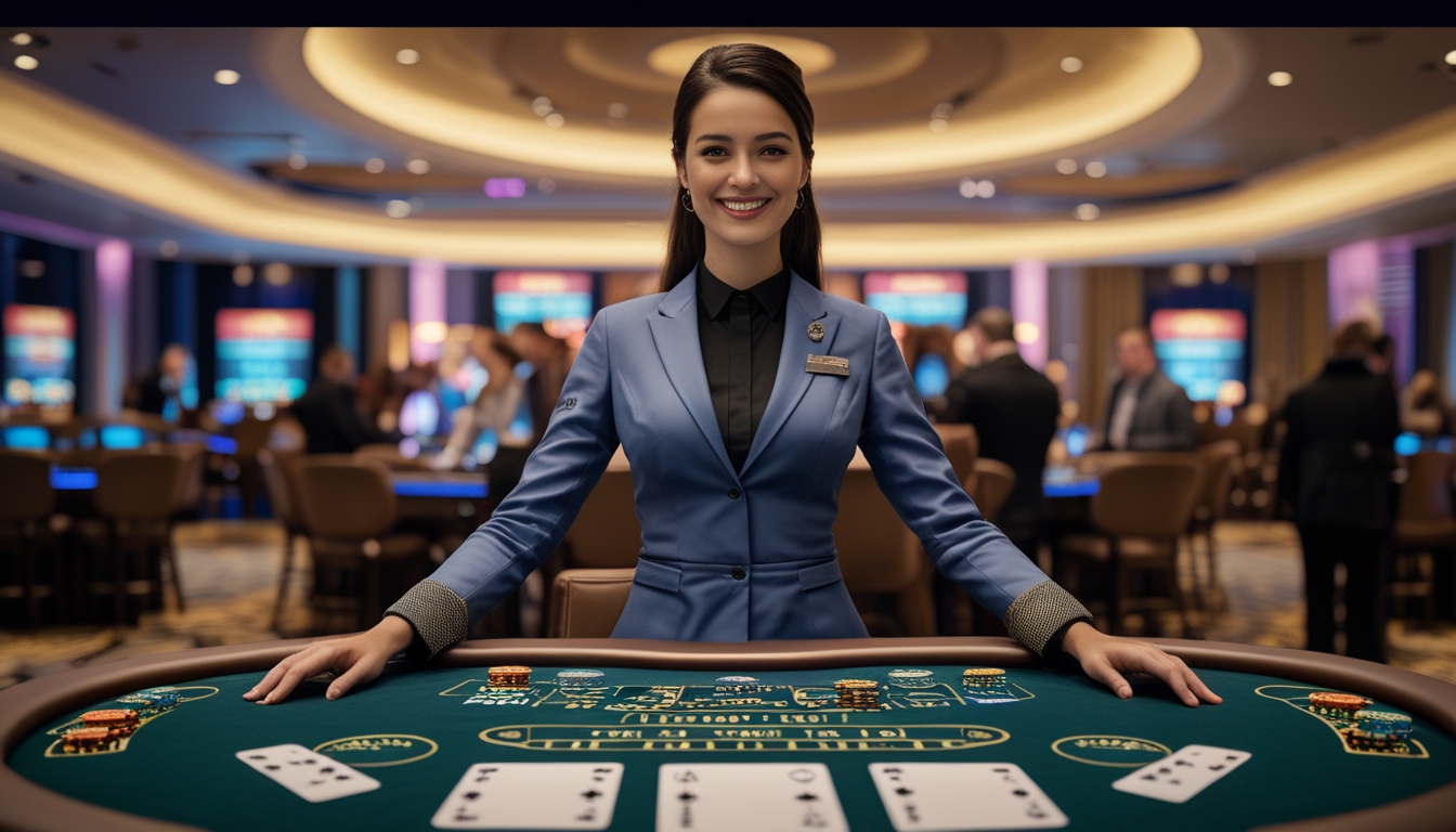 Seorang dealer wanita profesional berdiri di belakang meja kasino dengan kartu dan chip, di dalam ruangan kasino yang mewah dengan beberapa pemain bermain.