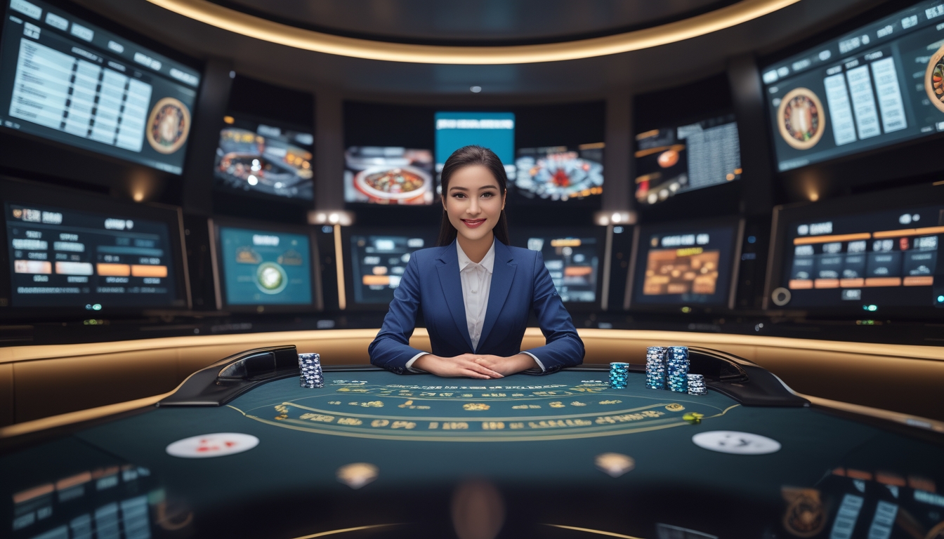 Seorang dealer profesional wanita duduk di meja kasino modern dengan layar besar menampilkan permainan kasino online di latar belakang.
