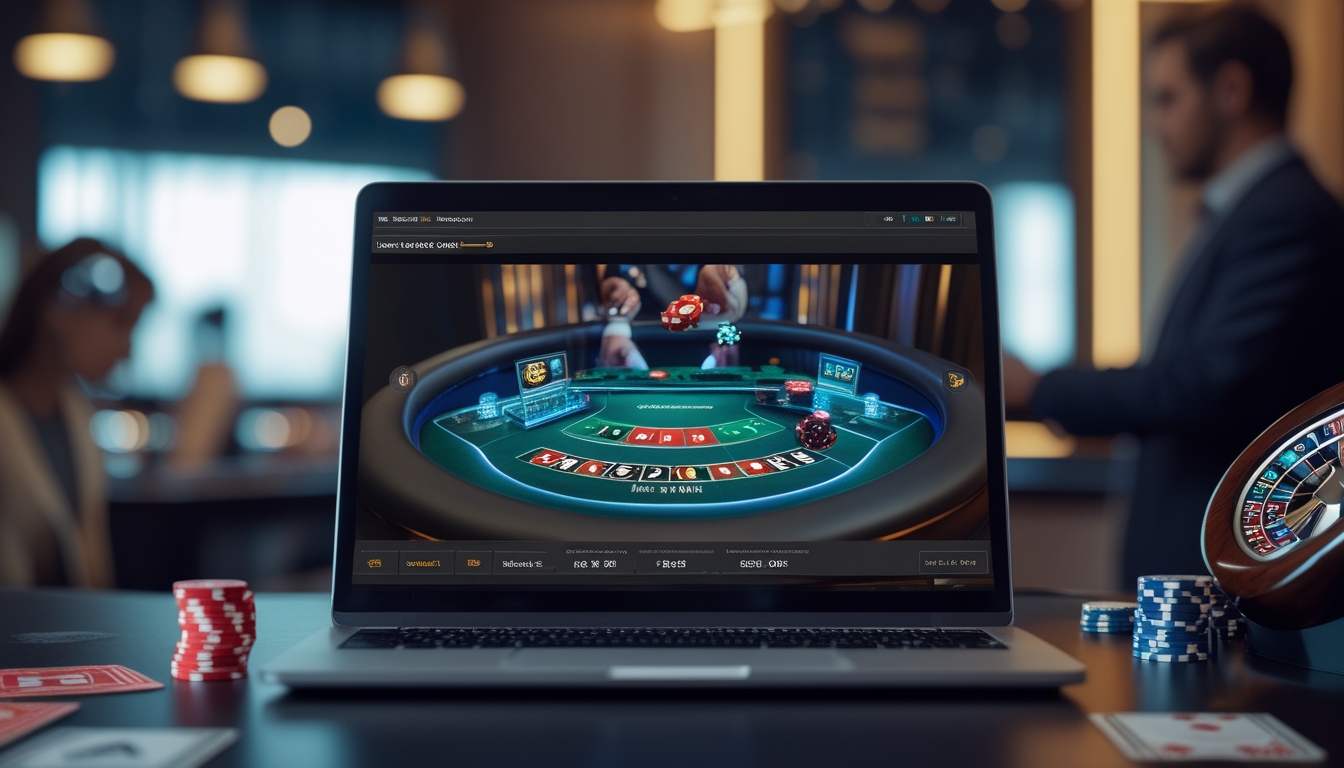Seorang pemain menggunakan komputer dengan tampilan permainan kasino langsung dan dealer di latar belakang dalam suasana kasino online yang modern dan profesional.