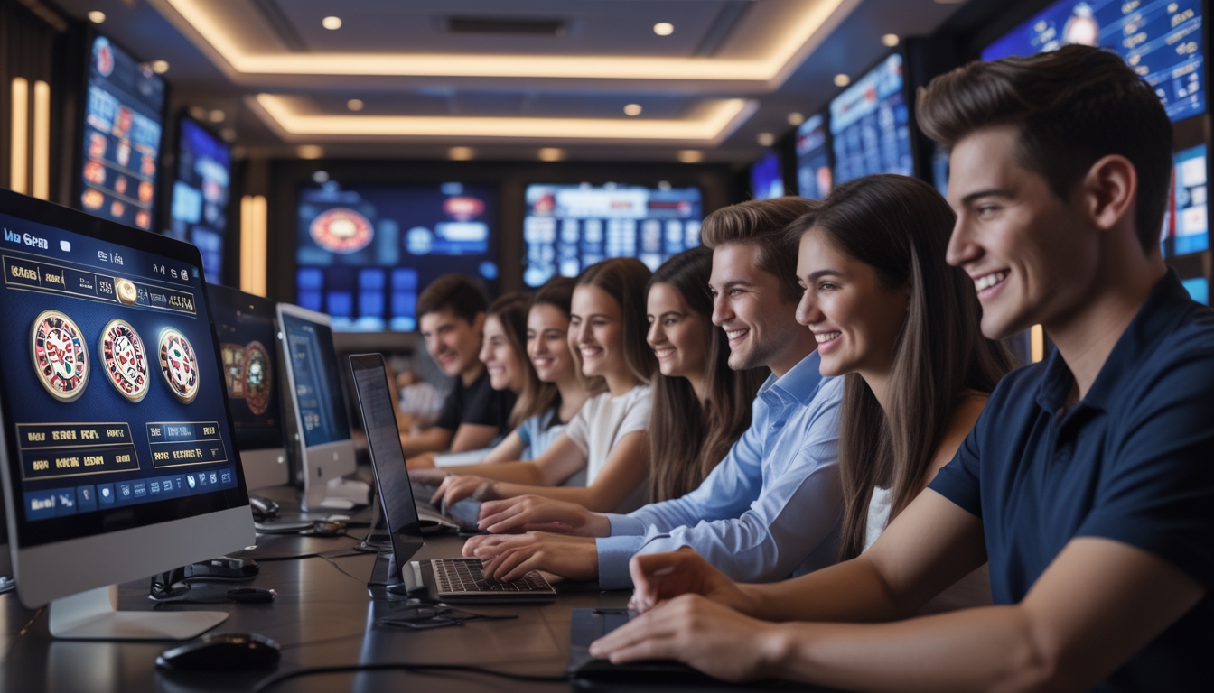 Beberapa orang menggunakan laptop dan ponsel untuk bermain permainan kasino langsung secara online di ruang modern dengan layar komputer menampilkan berbagai permainan kasino.
