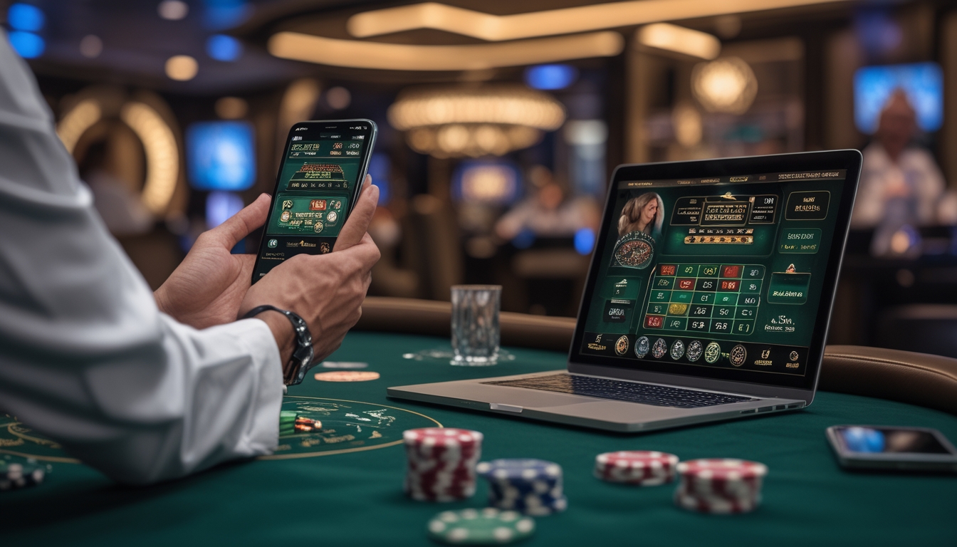 Suasana kasino langsung dengan meja permainan, chip poker, kartu, dan seseorang menggunakan ponsel serta laptop untuk bermain kasino.