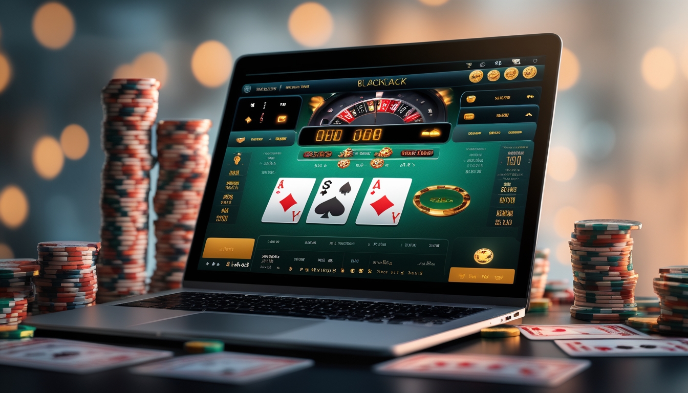 Sebuah meja dengan komputer menampilkan permainan blackjack online, dikelilingi oleh tumpukan chip poker dan kartu remi.