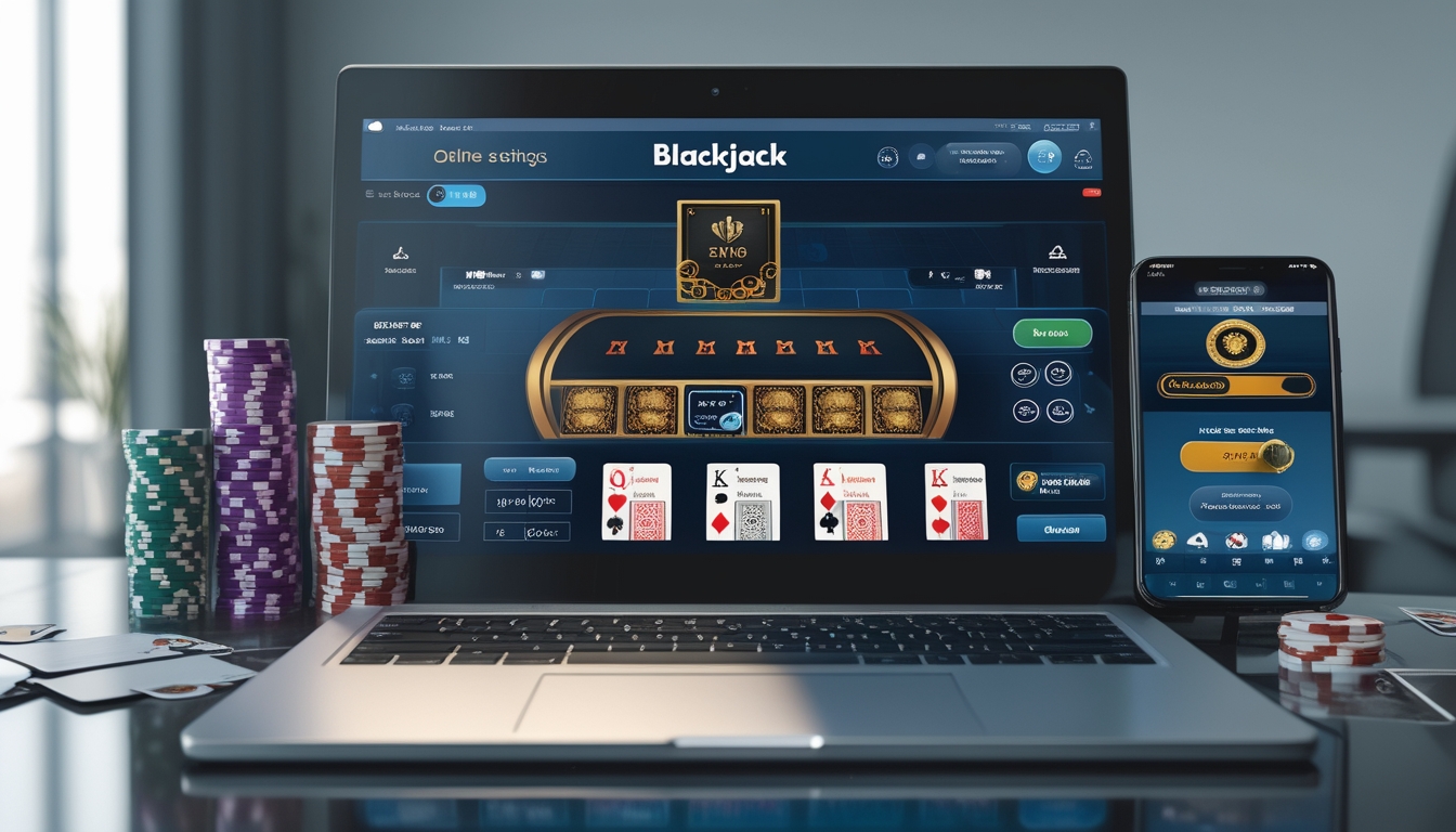 Sebuah meja dengan komputer menampilkan permainan blackjack online, dikelilingi chip poker dan kartu remi.