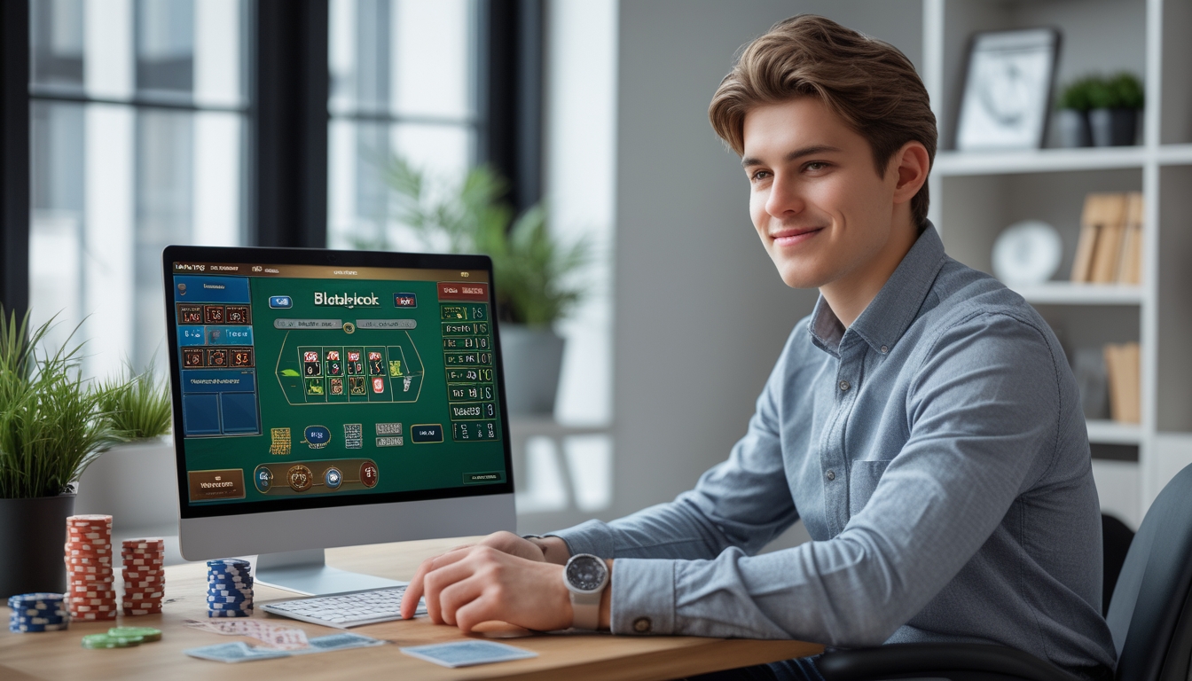 Seorang pria muda duduk di depan laptop dengan permainan blackjack online, dikelilingi oleh chip poker dan kartu, tampak fokus dan tersenyum.
