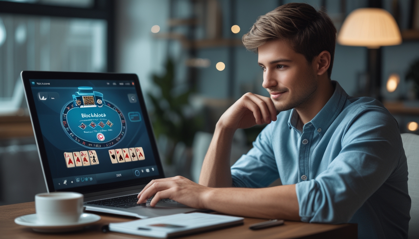 Seorang dewasa muda fokus bermain blackjack online di laptop di ruang tamu yang nyaman.