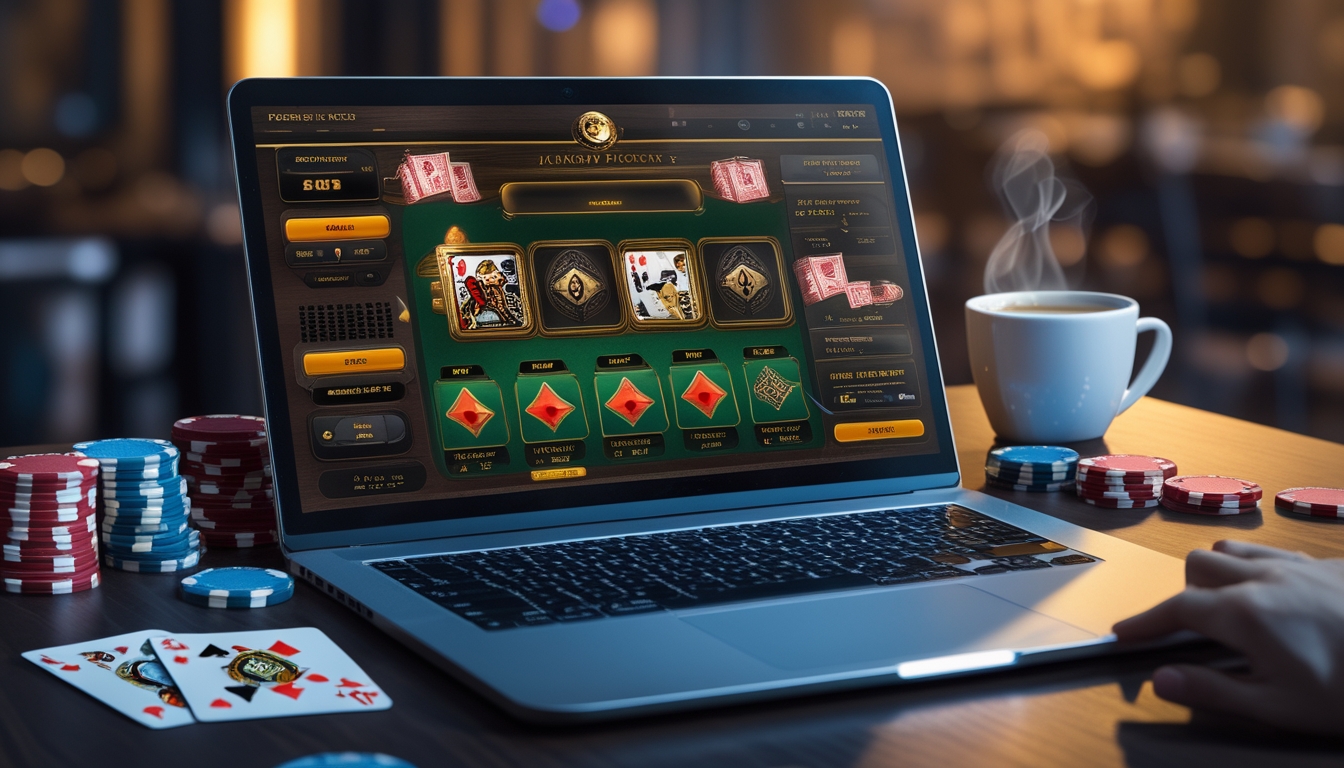 Sebuah meja dengan komputer yang menampilkan permainan blackjack online, kartu dan chip poker tertata rapi di sekitarnya.