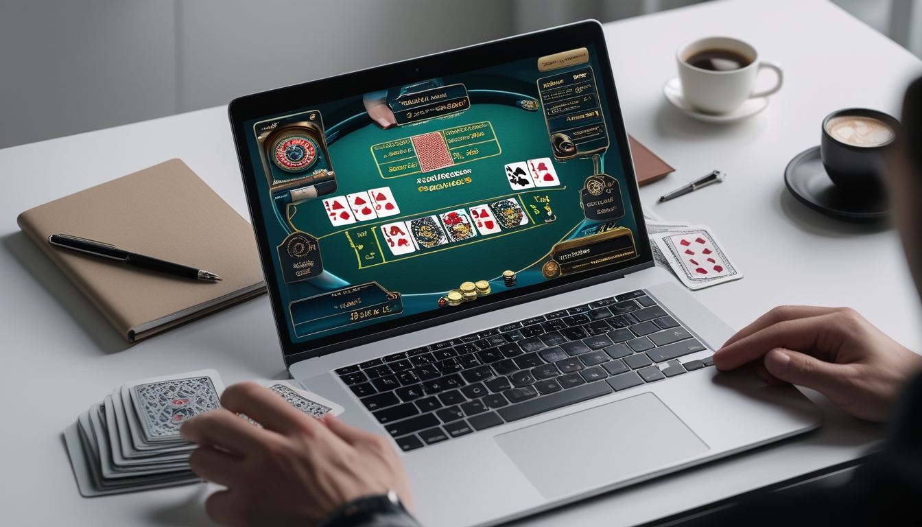 Tampilan permainan blackjack online di layar komputer dengan tangan pemain yang memegang kartu dan menggunakan mouse di meja kerja yang rapi.