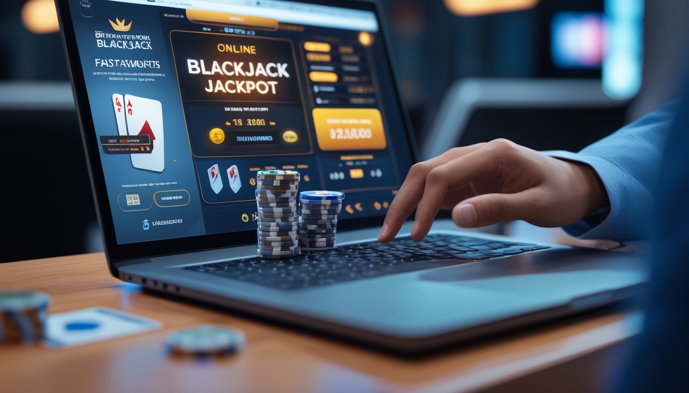 Seseorang bermain blackjack online di depan komputer dengan tampilan jackpot dan simbol pembayaran cepat.