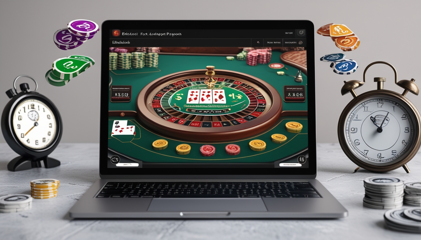 Seorang pemain menggunakan komputer dengan tampilan permainan blackjack online dan simbol pembayaran cepat di sekitarnya.