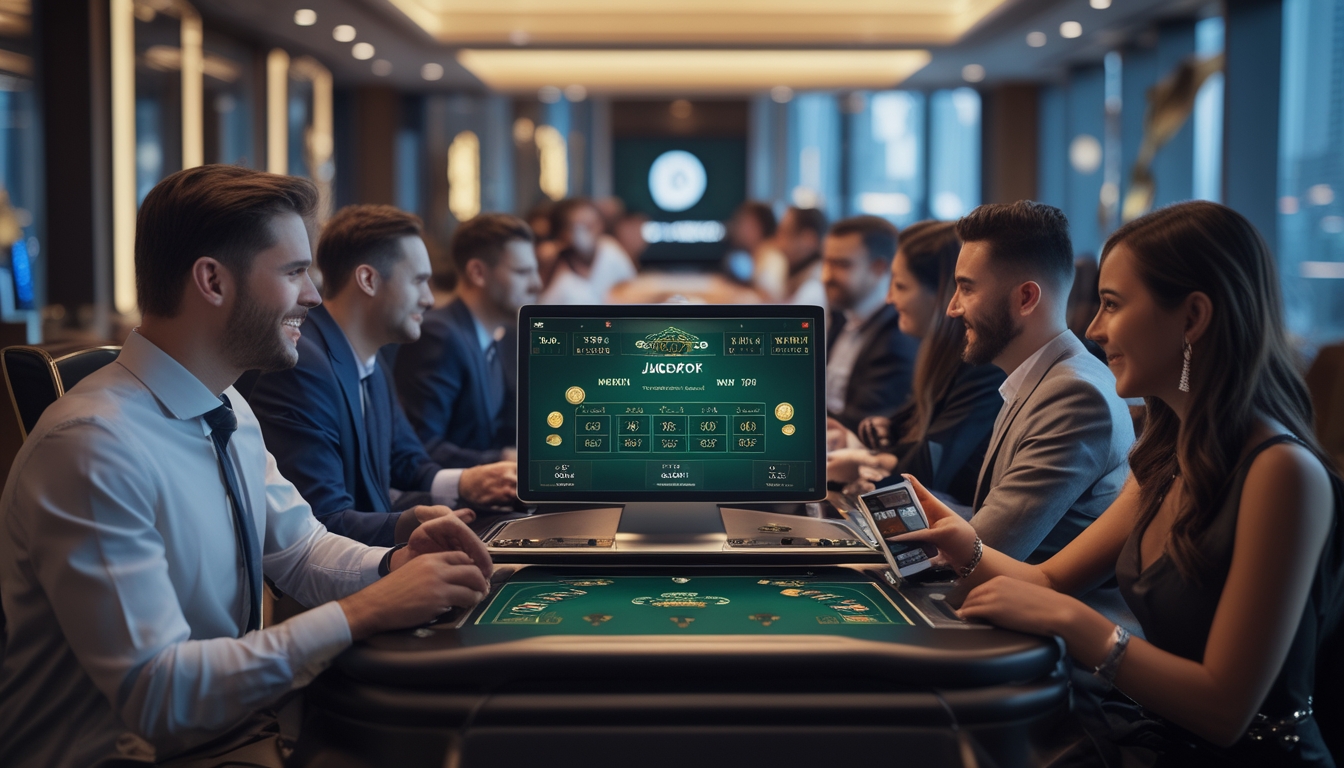 Beberapa orang bermain blackjack online dengan kartu dan chip di layar komputer di ruangan modern yang mewah.