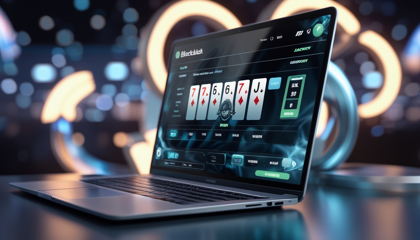 Layar komputer menampilkan permainan blackjack online dengan chip dan kartu, serta ikon jackpot yang bersinar di latar belakang.