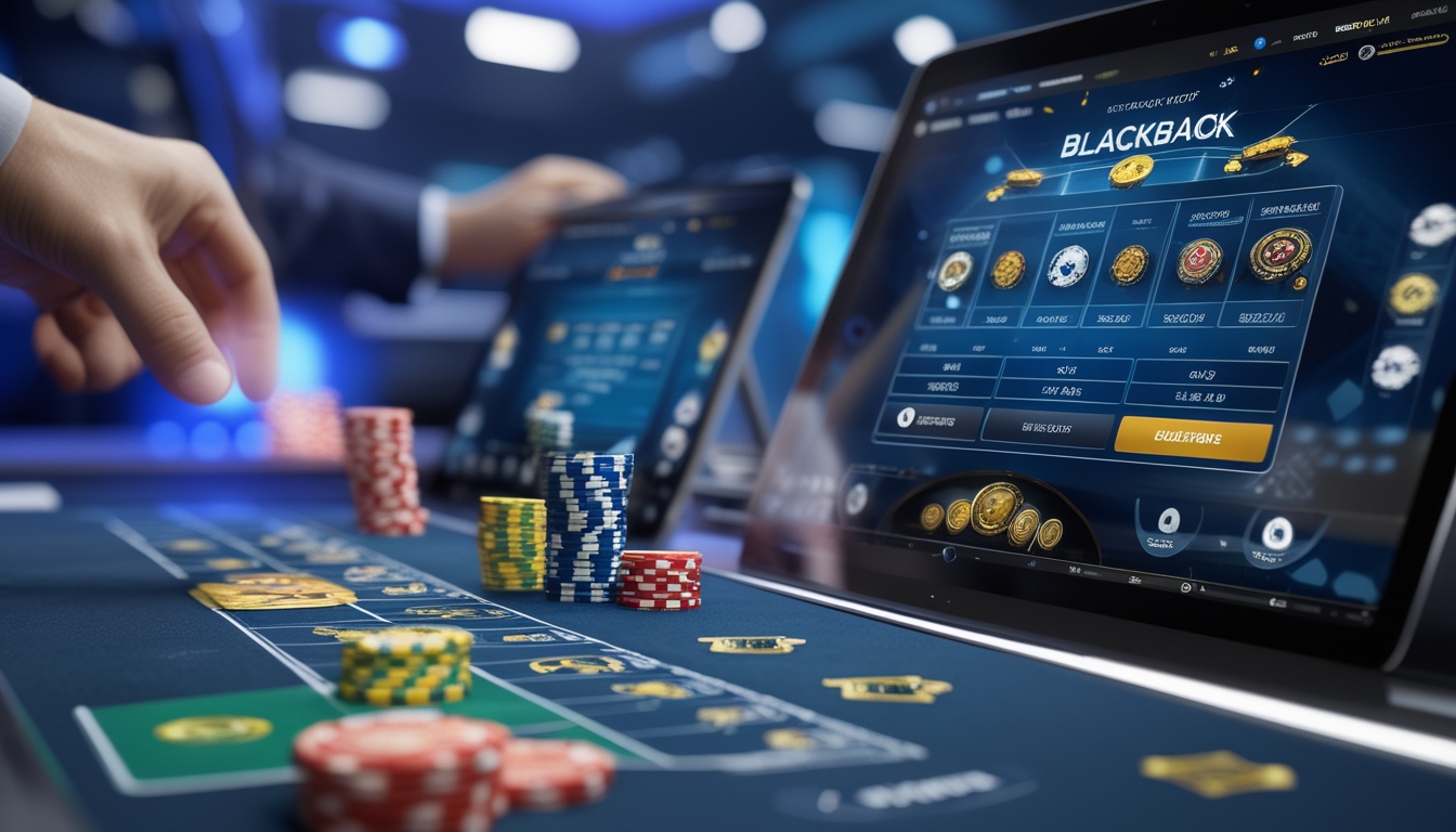 Layar komputer menampilkan permainan blackjack online dengan kartu dan chip, suasana menunjukkan situs resmi dan jackpot.