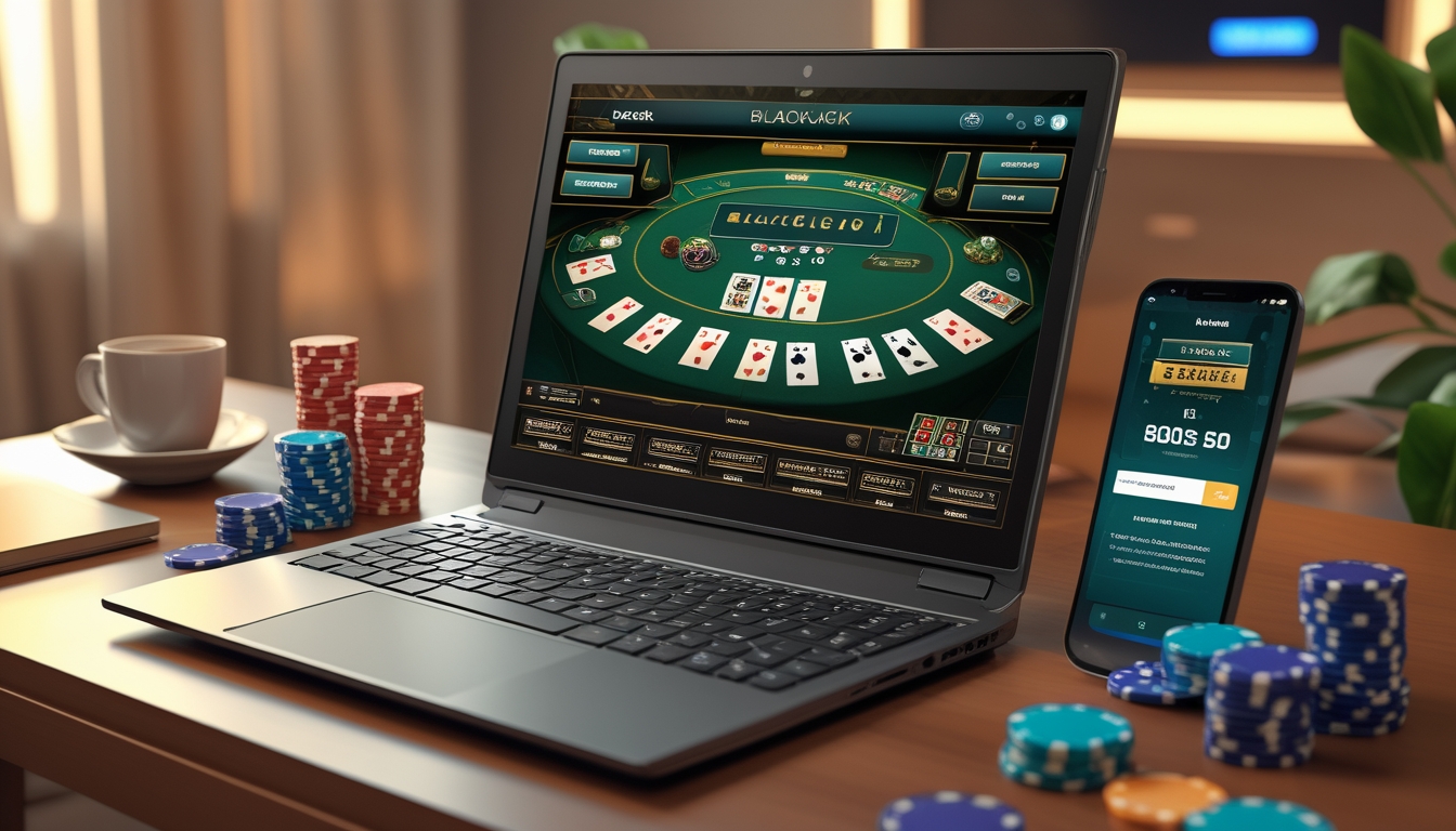 Seorang pemain sedang bermain blackjack online di laptop dengan chip poker dan ponsel di meja.