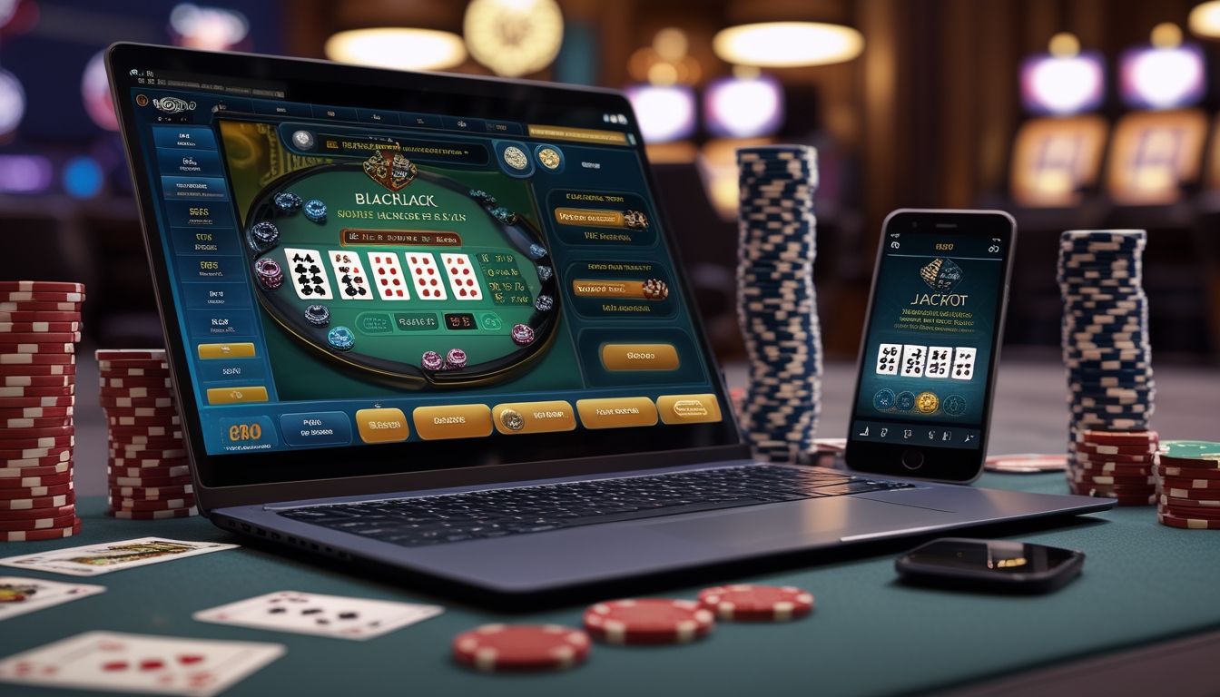 Seorang pemain sedang bermain blackjack online dengan laptop dan chip poker di meja, menampilkan suasana kasino yang ramai dan penuh semangat.