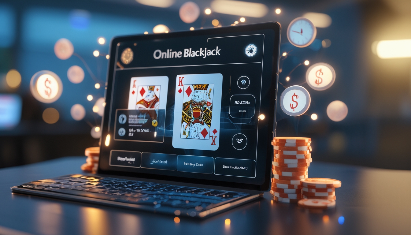 Sebuah layar komputer menampilkan permainan blackjack online dengan kartu dan chip, dikelilingi oleh elemen yang menunjukkan permainan nonstop 24 jam.