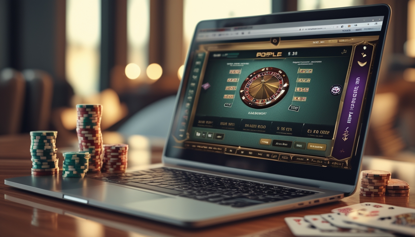 Laptop menampilkan permainan blackjack online dengan chip poker dan kartu di meja kayu.