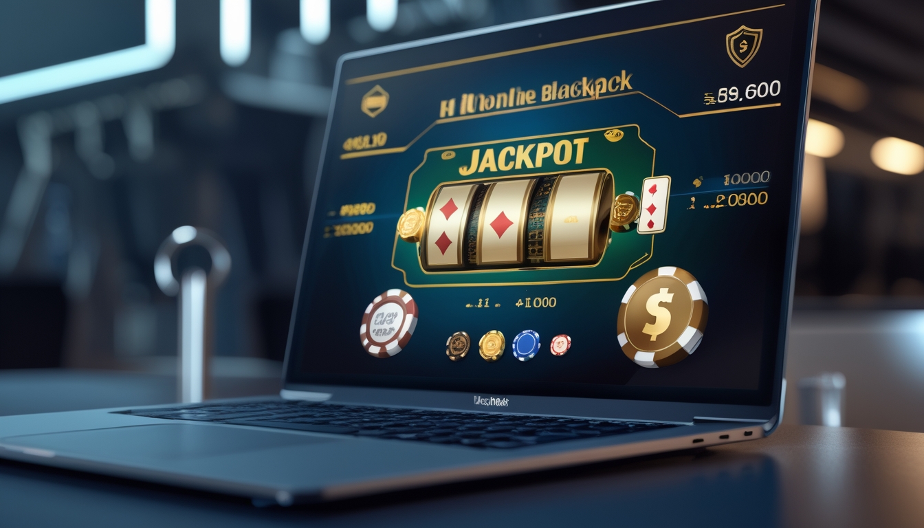 Tampilan layar komputer yang menampilkan permainan blackjack online dengan kartu dan tumpukan chip serta indikator jackpot.