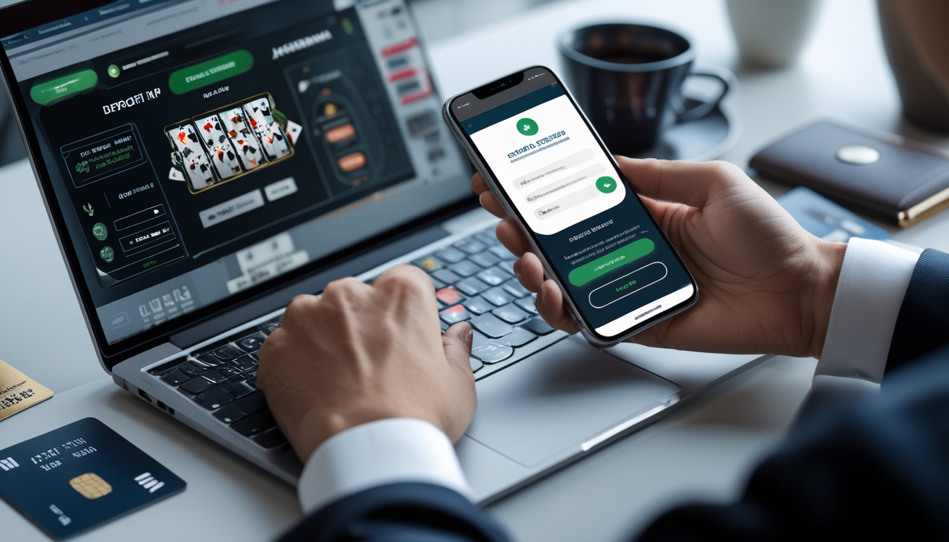 Seseorang menggunakan laptop dan ponsel untuk bermain blackjack online dan mengelola deposit serta penarikan dana.