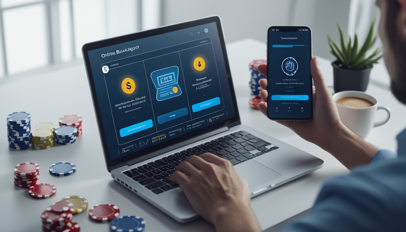 Seorang pengguna sedang menyiapkan transaksi deposit dan withdraw di laptop dan ponsel dengan latar meja yang terdapat chip poker dan kartu remi.