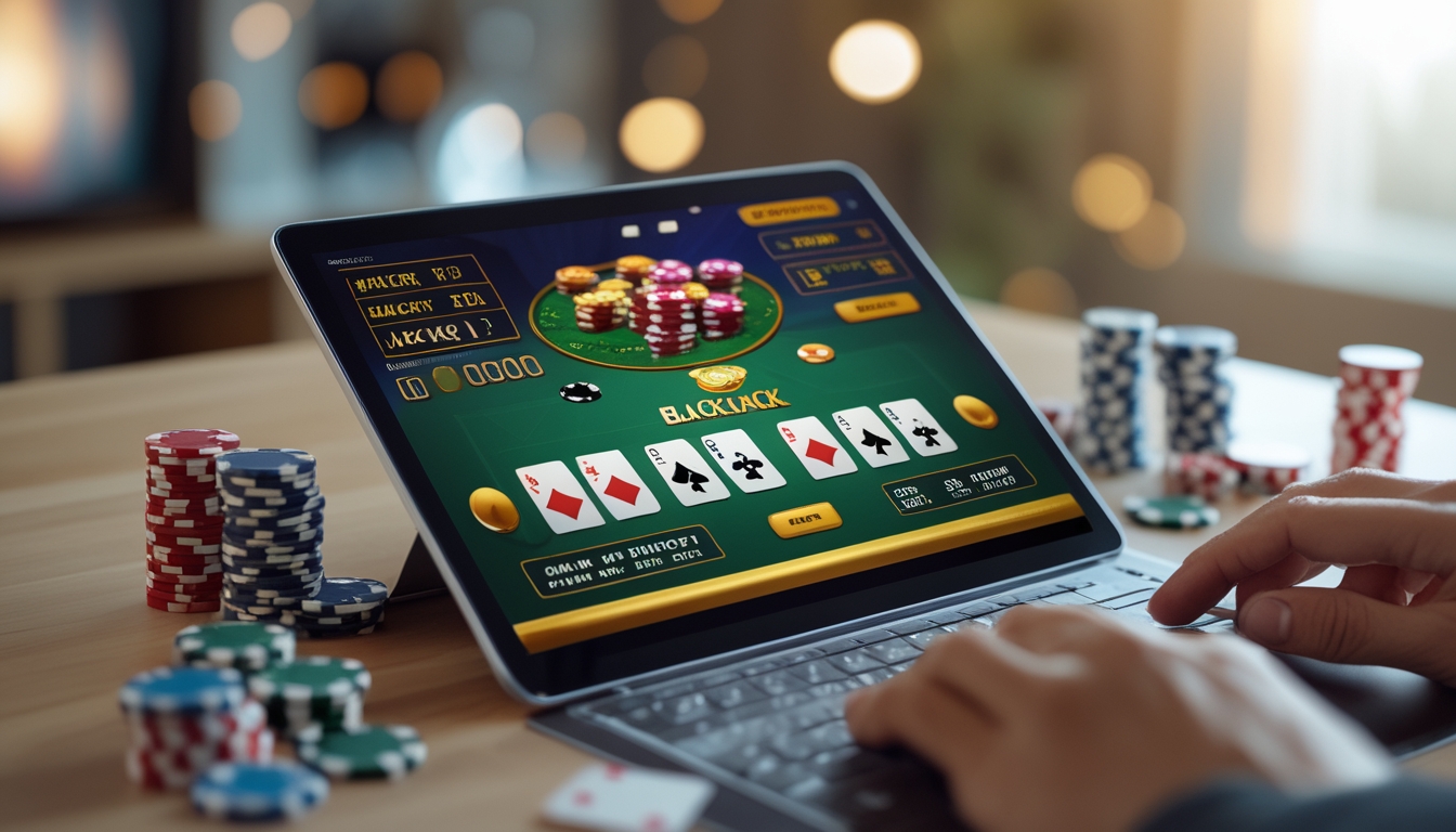 Seseorang bermain blackjack online di laptop dengan chip poker kecil di meja, menunjukkan suasana kemenangan jackpot dengan modal kecil.