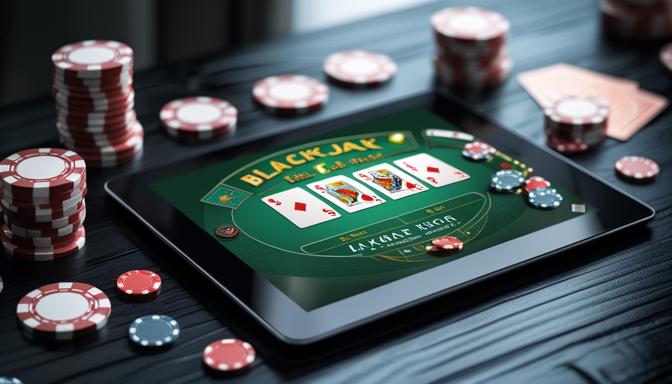 Sebuah tablet menampilkan permainan blackjack online dengan kartu dan tumpukan chip di atas meja kayu.