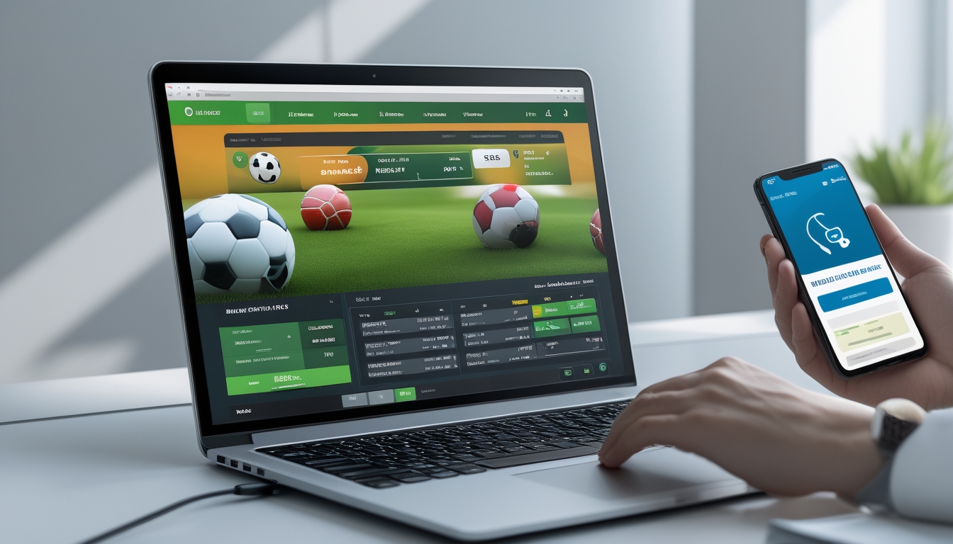 Meja kerja modern dengan laptop dan ponsel yang menampilkan situs taruhan bola online dan konfirmasi pembayaran cepat.
