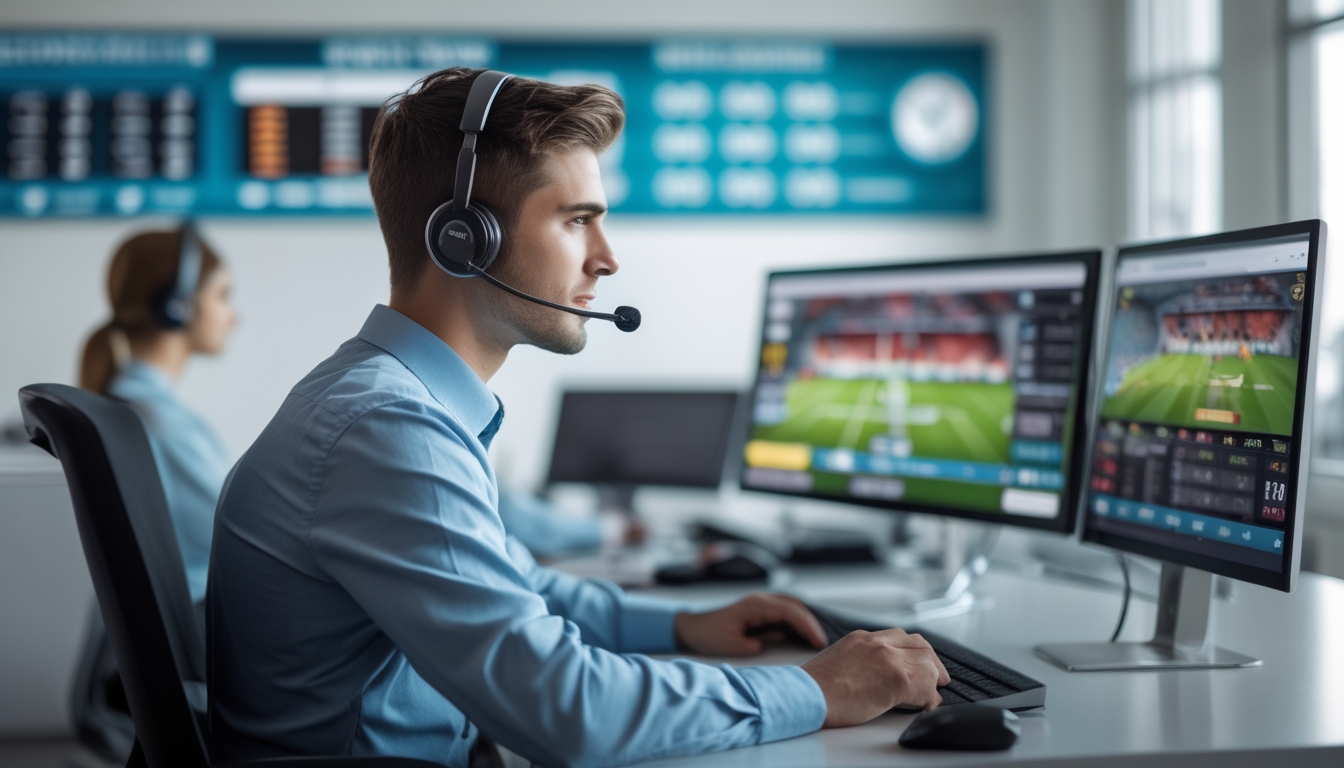 Seorang pria muda dengan headset sedang bekerja di depan beberapa layar komputer yang menampilkan pertandingan sepak bola dan peluang taruhan, di ruang kantor yang terang dan rapi.