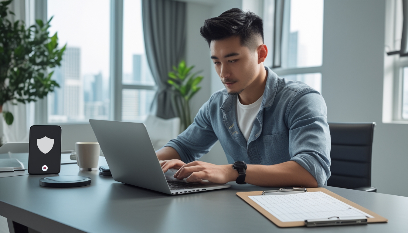 Seorang pria muda duduk di meja dengan laptop, fokus memilih bandar Toto Macau yang aman, di ruangan yang terang dan rapi.