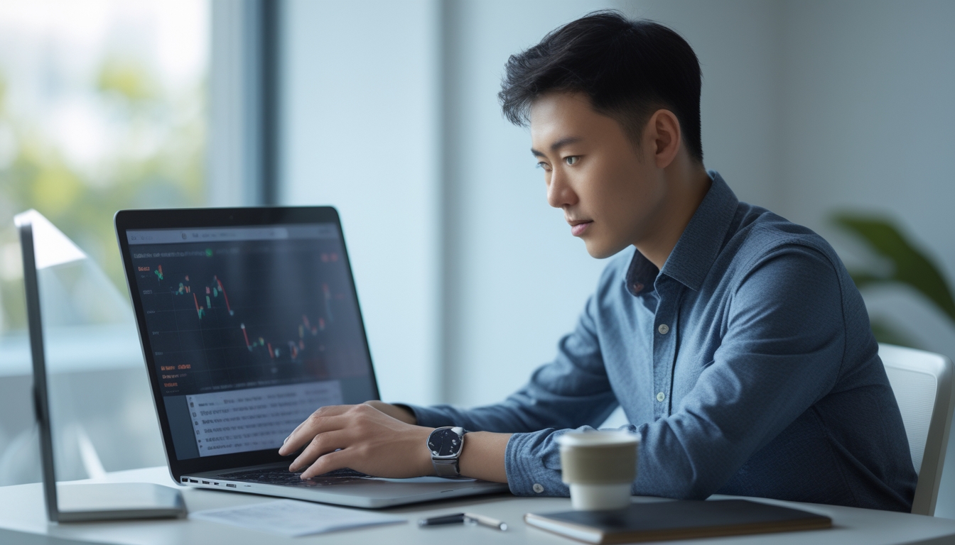 Seorang pria muda sedang duduk di meja kerja dengan laptop, tampak fokus menganalisis data di layar di dalam ruangan kantor yang terang.