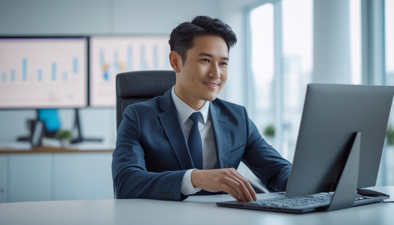 Seorang pria Asia Tenggara duduk di meja kantor modern menggunakan laptop dengan latar belakang kantor terang dan bersih.