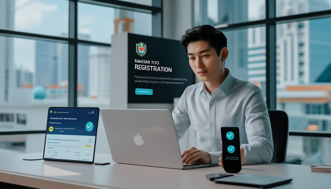 Seorang dewasa muda menggunakan laptop di kantor yang terang dengan pemandangan kota Macau di latar belakang, menunjukkan proses pendaftaran online yang aman dan terpercaya.