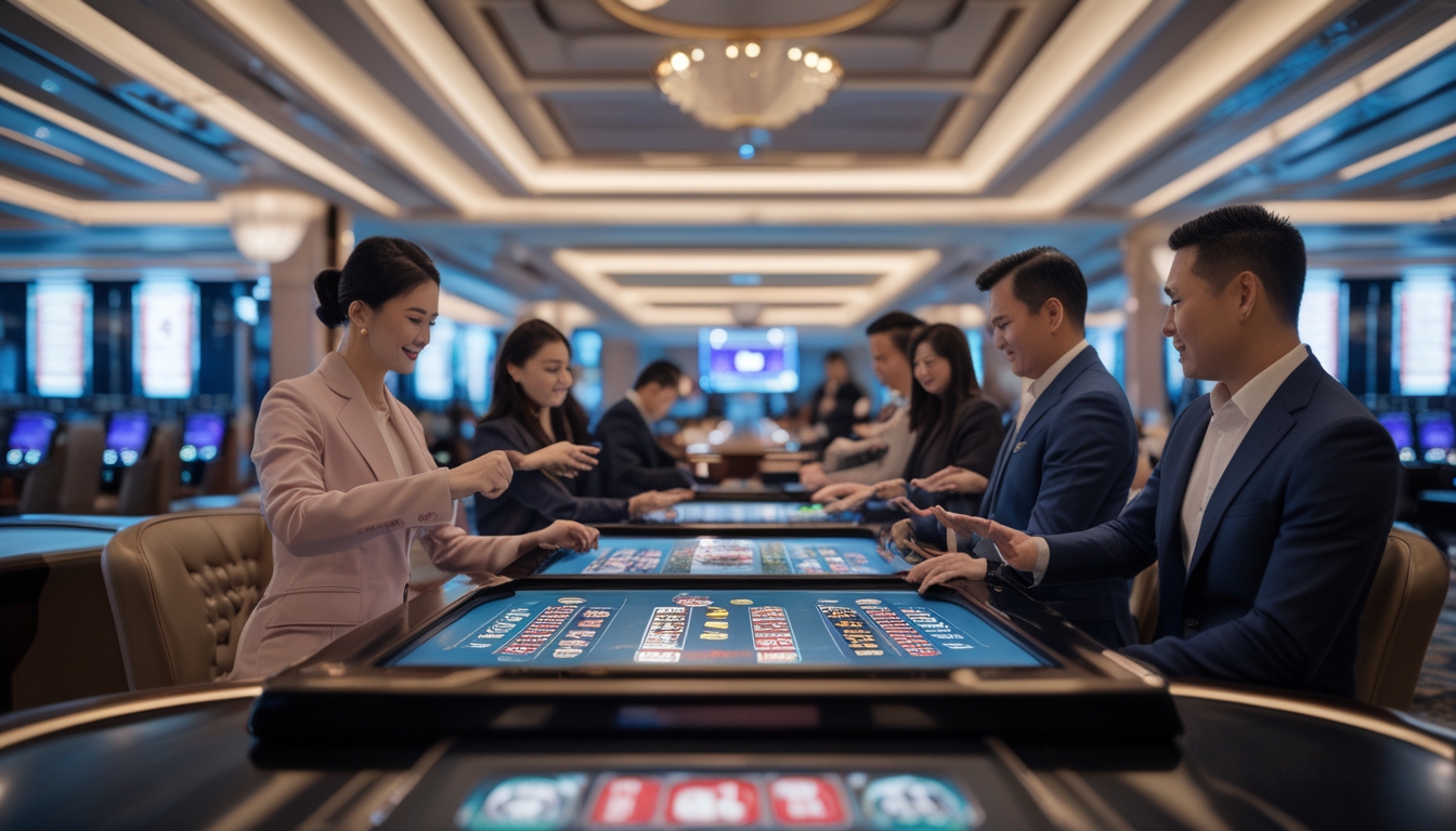 Suasana kasino modern dengan orang-orang yang bermain permainan lotere dan memasang taruhan di dalam ruangan mewah dengan pemandangan kota Macau di latar belakang.