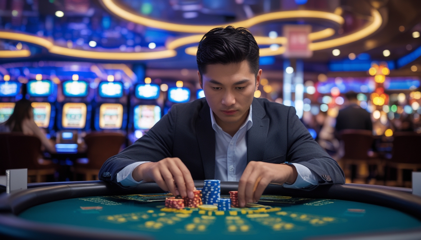 Seorang pria Asia duduk di meja kasino dengan kartu dan chip, fokus bermain di kasino yang ramai di Macau.