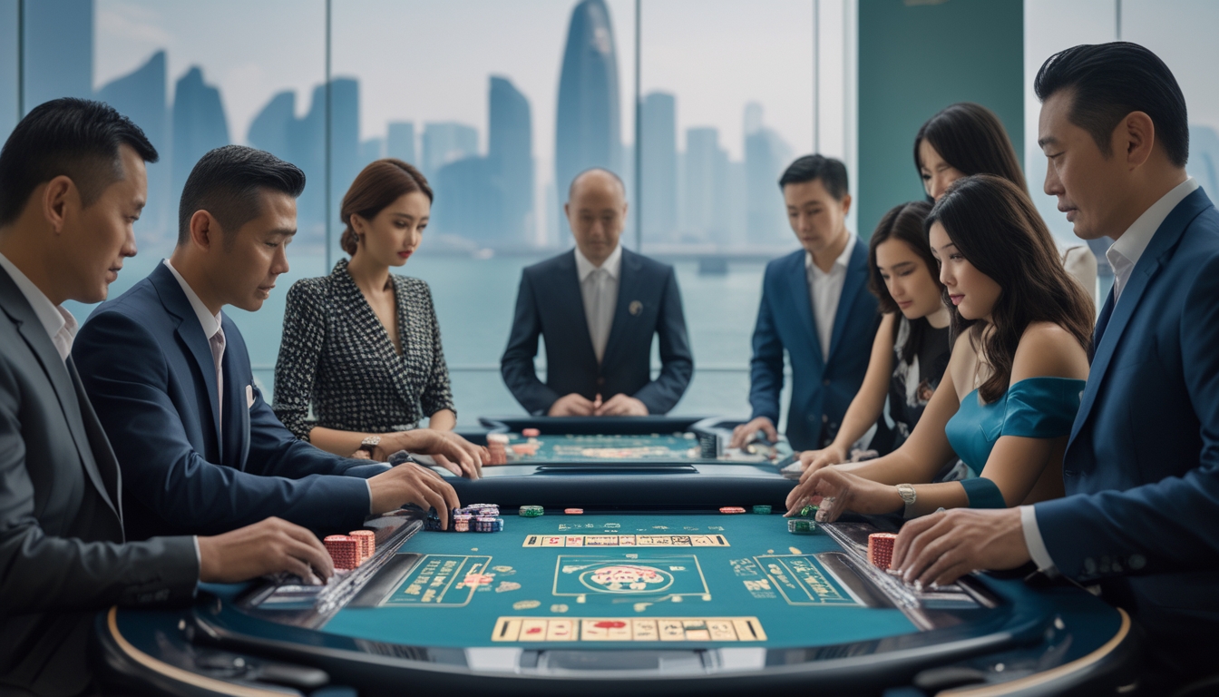 Sekelompok orang dewasa bermain permainan Bandar Toto Macau dengan serius di meja permainan modern di latar belakang kota Macau.