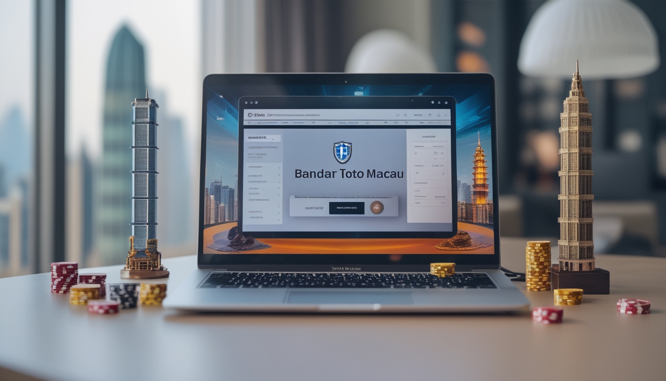 Meja kerja dengan laptop yang menampilkan situs taruhan online yang aman, dikelilingi oleh miniatur kota Macau dan chip judi.