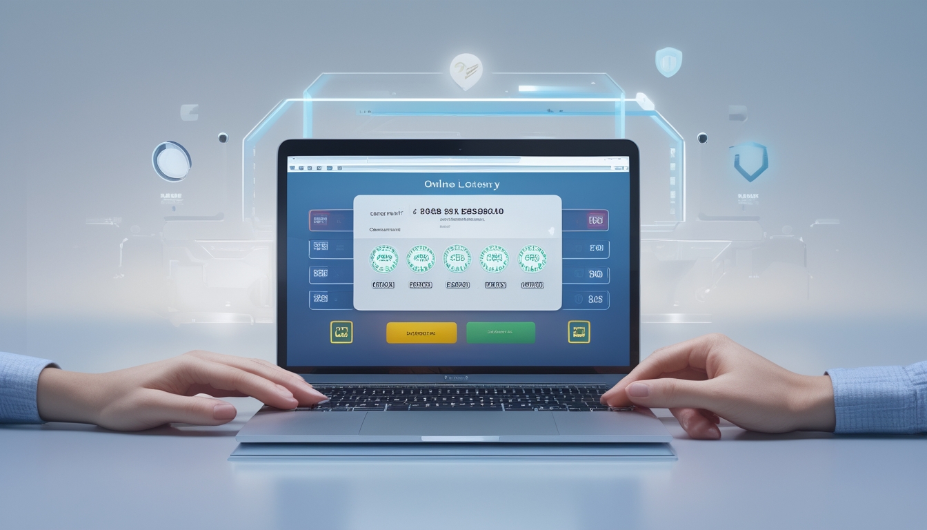 Seseorang menggunakan perangkat digital yang menampilkan antarmuka lotere online dan ikon pembayaran cepat dengan latar belakang minimalis.