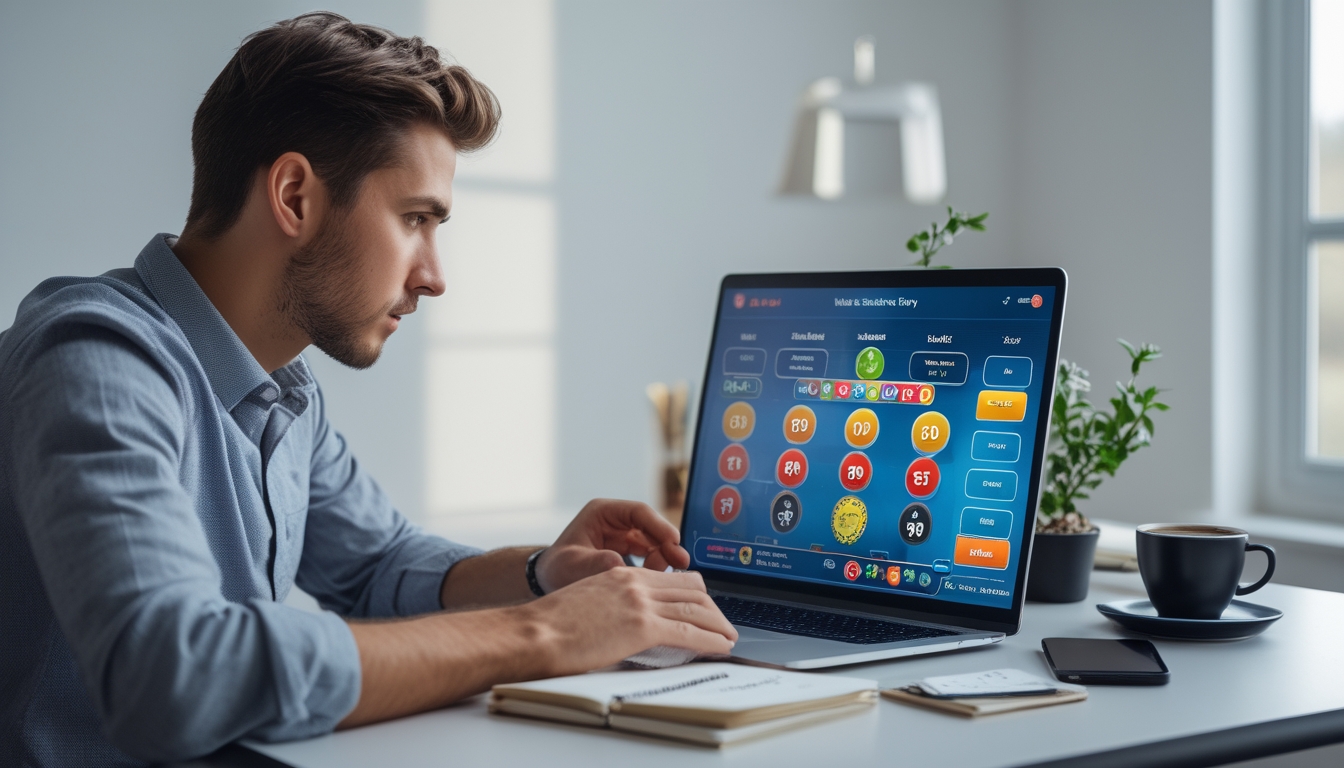 Seorang pria muda fokus duduk di meja dengan laptop, belajar bermain togel online dengan suasana tenang dan pencahayaan alami.