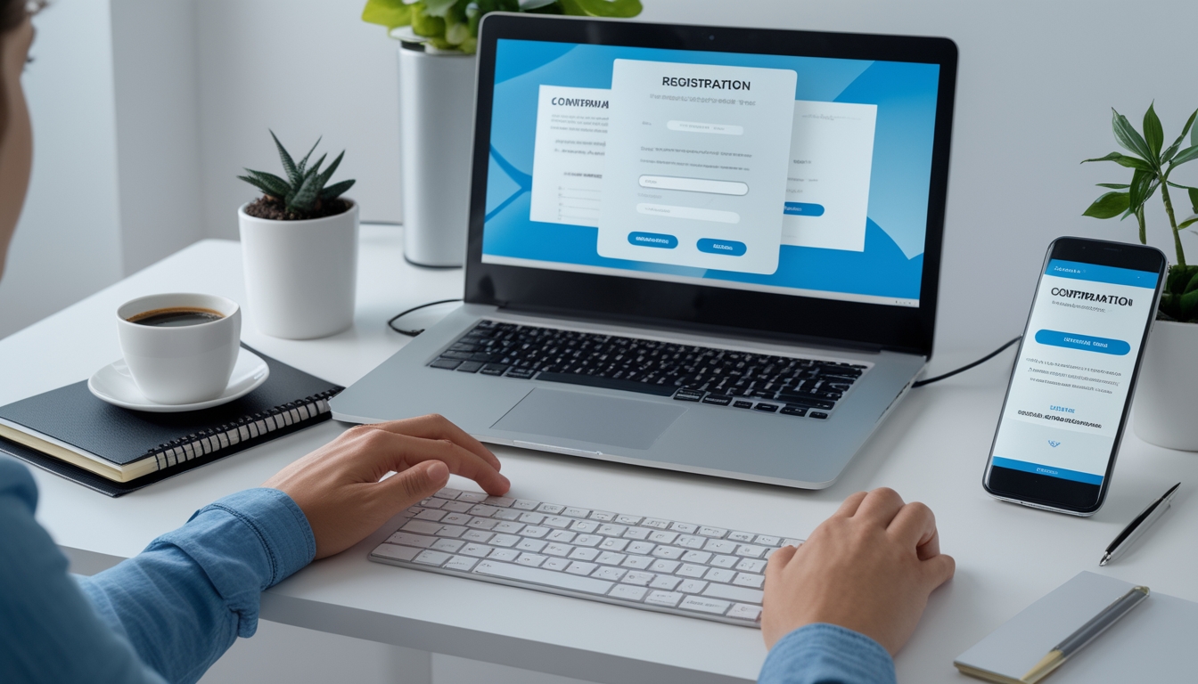 Seseorang sedang menggunakan laptop dan smartphone di meja kerja yang rapi untuk mempersiapkan pendaftaran online.