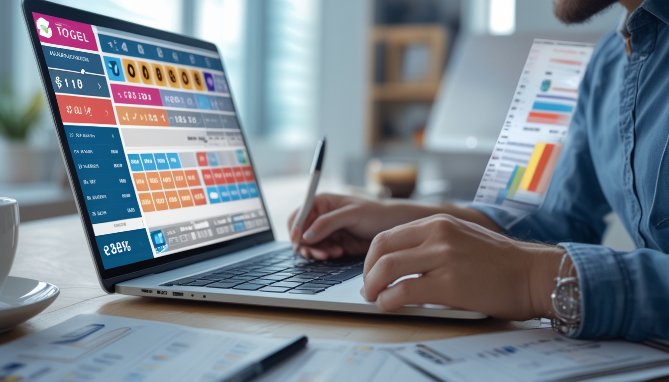 Seseorang sedang fokus menganalisis data di depan laptop dengan tampilan permainan togel online dan catatan di meja kerja.
