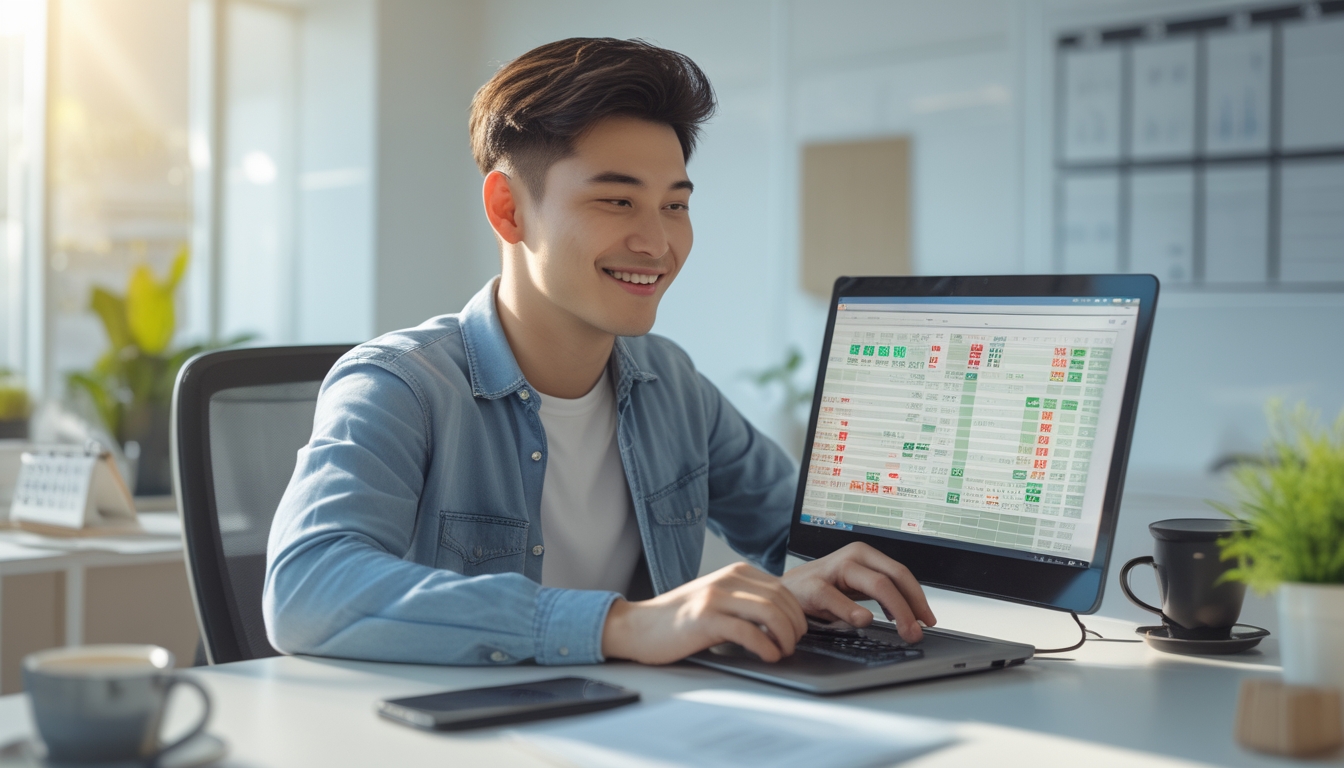 Seorang pria muda duduk di meja kantor dengan laptop, tersenyum dan melihat layar komputer di ruangan yang terang.