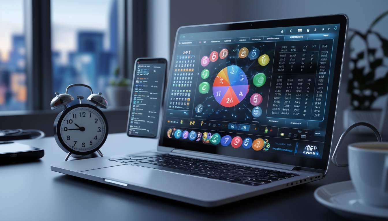 Meja kerja modern dengan laptop yang menampilkan layar permainan togel online, jam digital, ponsel, dan secangkir kopi di latar belakang kota malam hari.