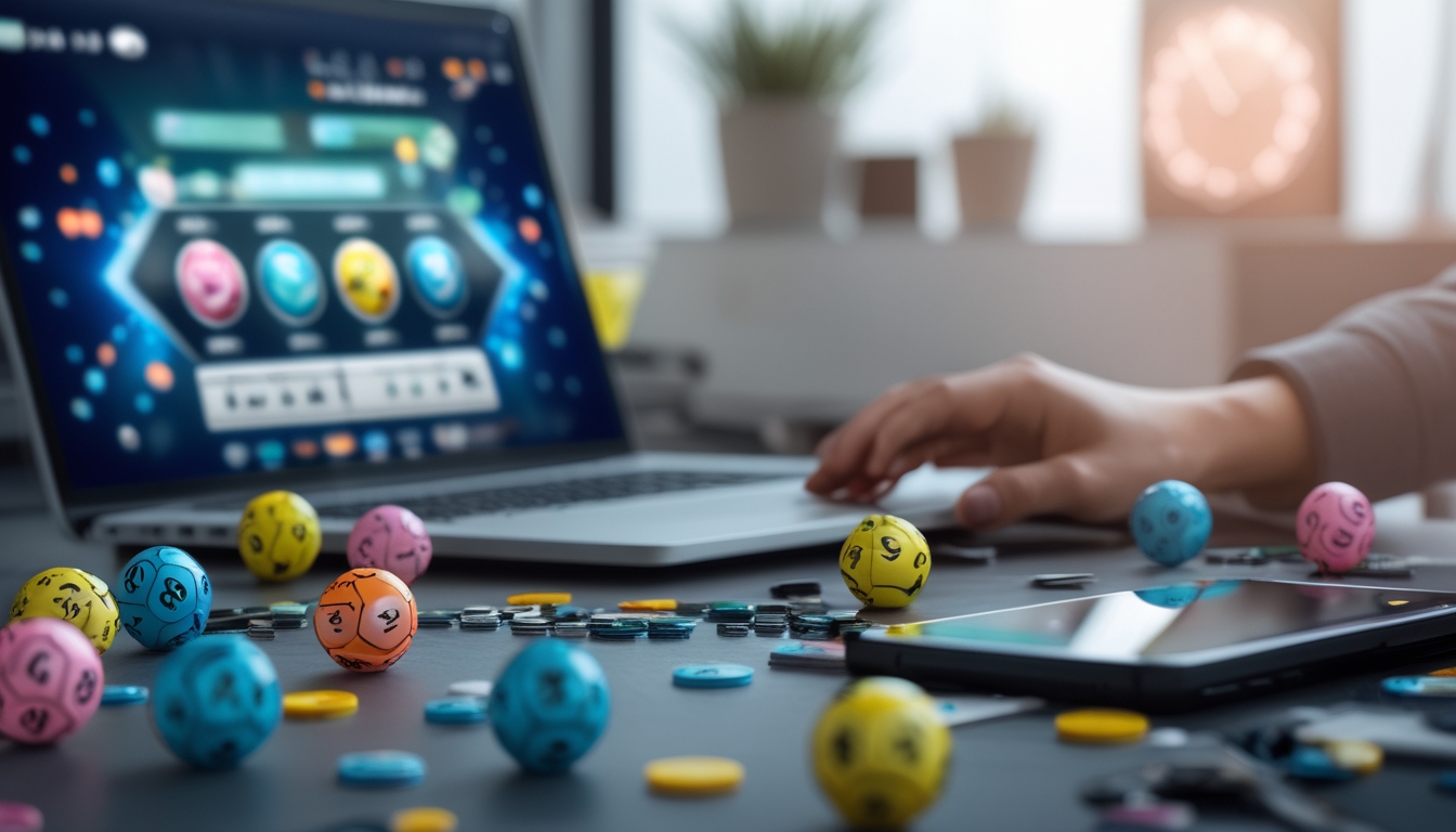 Meja kerja modern dengan laptop menampilkan antarmuka togel online, bola togel berwarna-warni di atas meja, dan tangan seseorang sedang menggunakan perangkat.