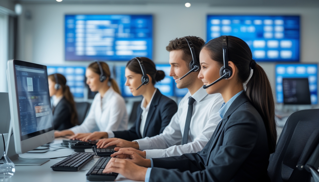 Tim layanan pelanggan sedang bekerja di kantor modern dengan komputer dan headset, menunjukkan layanan online yang andal.