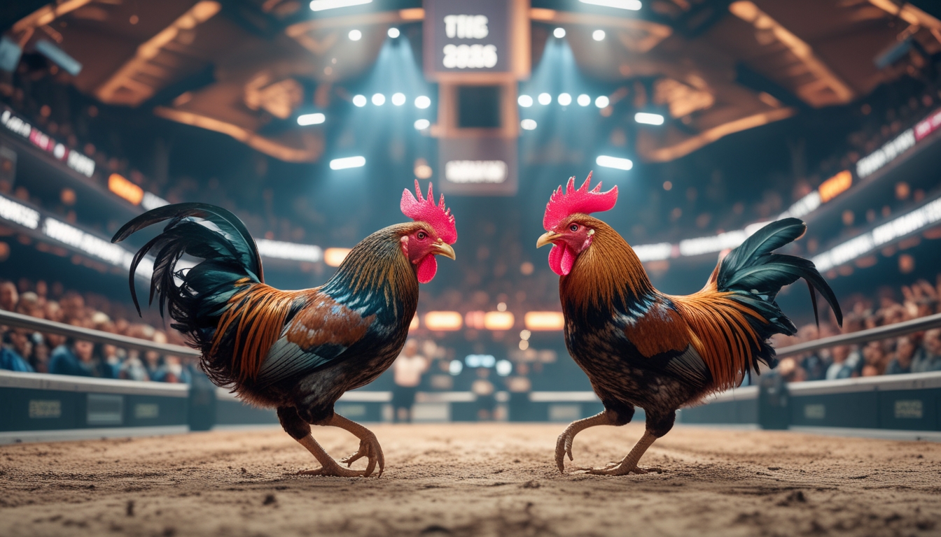 Dua ayam jago sedang bertarung di arena sabung ayam dengan penonton yang antusias di latar belakang.