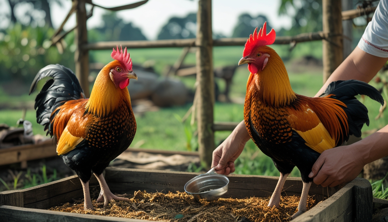 Dua ayam jago sehat di kandang kayu di luar ruangan dengan tangan seseorang memberi makan, di latar belakang rumput hijau dan alat pertanian.