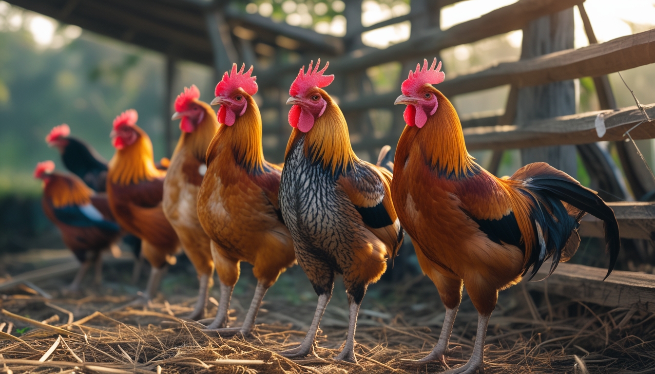 Beberapa ayam sabung berwarna-warni berdiri di pagar kayu di peternakan tradisional dengan latar belakang pedesaan.
