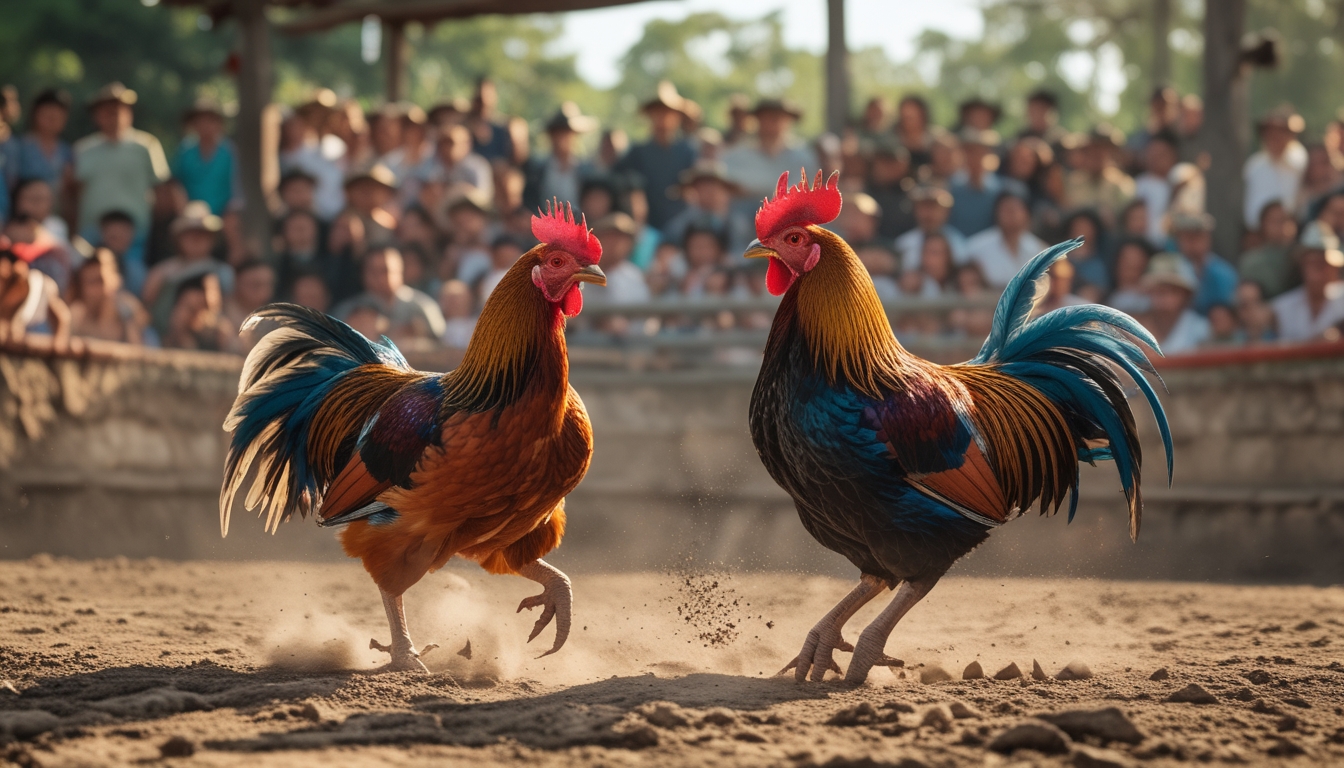Dua ayam jago beraksi dalam arena sabung ayam dengan kerumunan penonton di latar belakang.