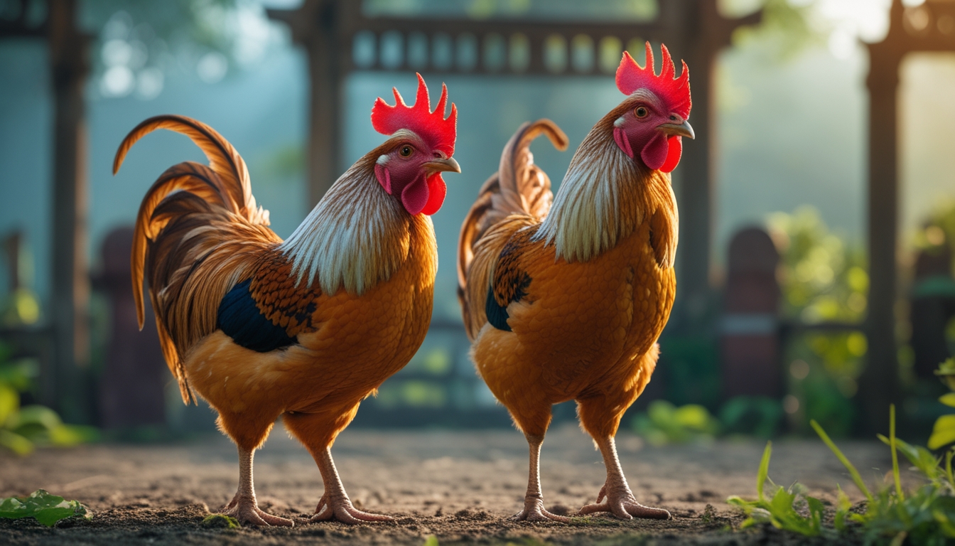 Dua ayam jago berkualitas dengan bulu berwarna cerah sedang berdiri di luar ruangan dengan latar belakang tanaman hijau.