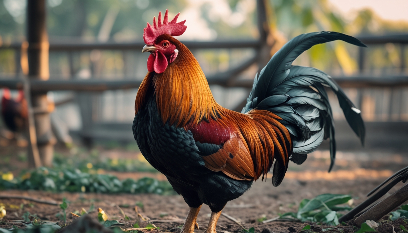 Seekor ayam gacor yang sehat dan waspada berdiri di lingkungan peternakan alami dengan latar belakang pagar kayu dan tanaman hijau.