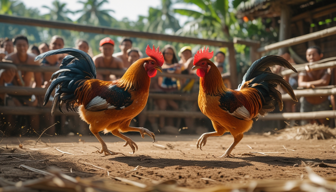 Dua ayam jantan sedang bertarung di arena luar ruangan dengan penonton di latar belakang.